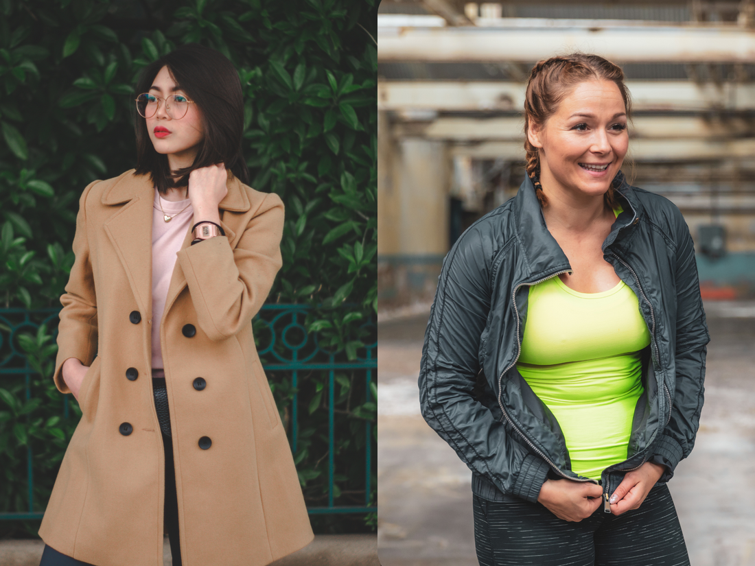 a collage of female models styling outerwear to show fashion ideas and tips for ostomates